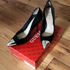 GUESS Black Patent Red-Heeled Pumps